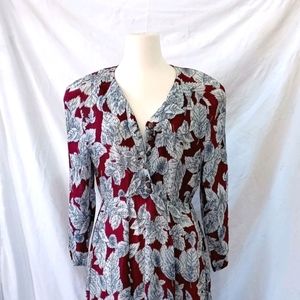 Vintage Leaf Print Button Down Dress Size M